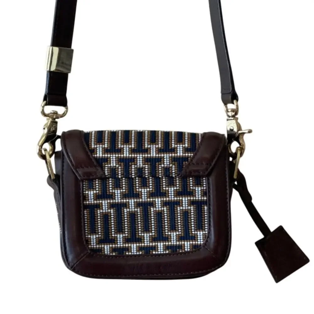 Tory Burch Mini Crossbody Navy Brown Logo Jacquard‎ Lock Bag